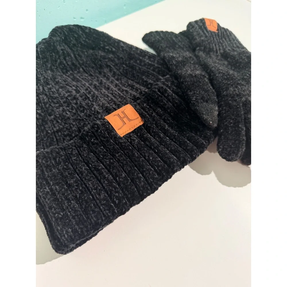 Black Chenille Knit Beanie and Touchscreen Glove Set with Logo Patch